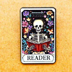 The Reader Enamel Pin, Tarot, Skeleton Reading Book, Gothic Art Unisex, Spell